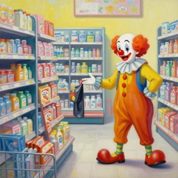 a painting of a clown shoplifting from a drug store