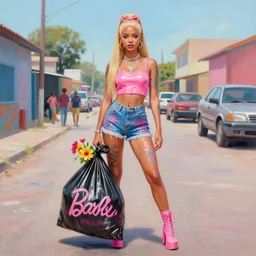 still from music video of barbie palvin from die antwoord standing in a township street, wearing a trashbag garbage bag and flowers, street fashion, full figure portrait painting by martine johanna, ilya kuvshinov, rossdraws, pastel color palette, shiny plastic, spraypainted bodypaint graffiti