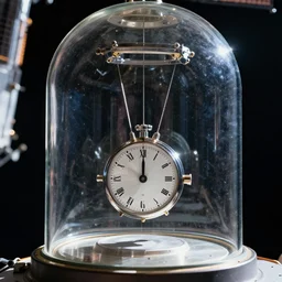 photo of a torsion pendulum clock in its glass dome floating inside the international space station. highly - detailed, sharp focus, award - winning