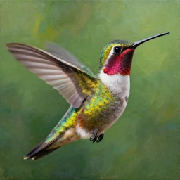 a beautiful closeup painting of a hummingbird in the jungle, beautiful colors, matte painting, art by christophe vacher