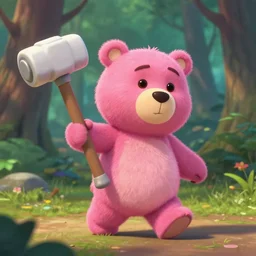 pink chocolate teddy bear holding a large white hammer, walking in a forest in the croods movie style, anime, disney, pixar, 8 k, hd, dof, kodak film, volumetric lighting, subsurface scattering, photorealistic, octane render, details