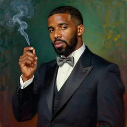 drake wearing a formal suit and smoking by leonardo da vinci, brown skin, classical painting, digital painting, romantic, vivid color, oil painting