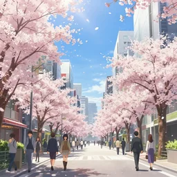 anime style cityscape, spring season city, cherry blossoms blowing in the wind, day time, sun high in the sky, sun glare, clear weather, blue sky, tokyo japan, some people walking, people are detailed, high detail and sharp, detailed shading, trending on artstation, wallpaper, anime art style, kyoto animation productions, koyoharu gotouge