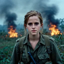 film still, close up, portrait, emma watson soldier hiking through dense vietnam, fires in background, thick black smoke, associated press, award winning, film still from apocalypse now ( 1 9 7 9 ), 2 6 mm, kodak ektachrome, blue tint ektachrome film,