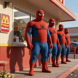 obese spiderman standing in line for fast food