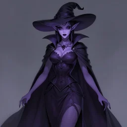 body portrait of gorgeous necromancer, elf, female, purple skin, black pupils, evil, long cloak, elegant dress, corset, hat, gloomy, high fantasy, dnd, highly detailed, smooth, sharp focus, illustration, by sakimichan, wlop, frank franzzeta