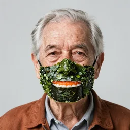 an elderly man wearing a mask made from sushi, bold natural colors, national geographic photography, masterpiece, 8 k, raw, unedited, symmetrical balance