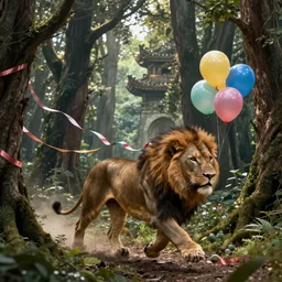 lion run through the ancient forest with a birthday ribbons and balloons , concept art, huge scale, high details  by Evgeniy Antonenkov