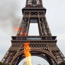 fire at eiffel tower, realistic footage, natural lighting, realistic, sharp focus, very detailed, news feed