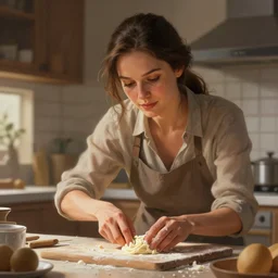 a mother proudly baking in the kitchen, digital painting, artstation, concept art, Craig Mullins, Breathtaking, 8k resolution, extremely detailed, beautiful, establishing shot, artistic, hyperrealistic, octane render, cinematic lighting, dramatic lighting, masterpiece, light brazen, extremely detailed and beautiful face