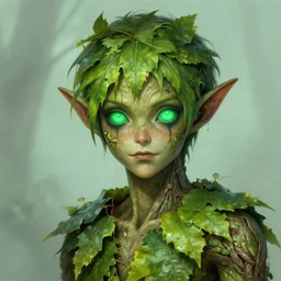 A realistic anime portrait of a handsome dryad clown with glowing green eyes and tree bark skin wearing clothes made of leaves, digital painting, by Stanley Artgerm Lau, Sakimichan, WLOP and Rossdraws, digtial painting, trending on ArtStation, SFW version