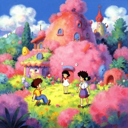 vintage 90\'s anime mixed with pastel impasto highly rhythmic expressionistic wild anime pleasing palette trending on artstation super fluffy funhouse surreal unpredictable wild unexplainable fantasy land you could not have dreamed of in the gritty posterized grainy analog style of studio Ghibli and 1960s americana Comics, HQ 8k scan