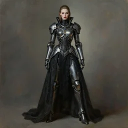full body portrait of beautiful gothic and futuristic fashion model, open space armour, cyber armour, highly detailed, artstation, illustration, composition, 8 k quality, art by jean delville, rene magritte, hyperrealism oil painting