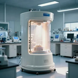 teleportation machine in a brightly lit laboratory, light shining from the machine and illuminating the scientific equipment by syd meadt