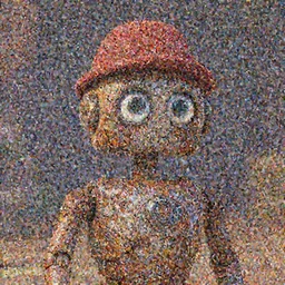 a small rusty humanoid robot with large glass eyes and a red hat on, in a Disney style