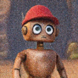 a small rusty humanoid robot with large glass eyes and a red hat on, in a Disney style