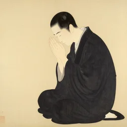 a man praying. sosaku hanga artwork.