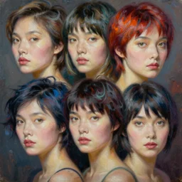 fantastic attractive beautiful asian women with short hair into fluid infinity variations of colours mass, close - up, piotr jablonski, jeff dekal, jeff simpson, intricate details, hyperrealistic oil painting on canvas, deep depth field, hd, hdr, 4 k, 8 k