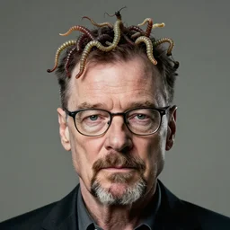 Walter White with worms coming out of his head. Hyper realistic image, award winning photography