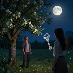 a man stands by apple tree. he watches a woman who has a very large silver key. fine detail. realistic. fireflies. full moon