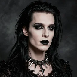portrait of kees van der staaij as a goth with black lipstick and black hair, spike necklace