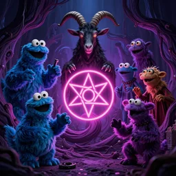 8k hyper realistic detailed image, swirl, unholy Cookie Monster rites in a coven of Muppets, Black Frank the goat and neon pentagram in the center, rich deep colors, neon colors, cinematic shot by Alfonso Cuaron, part by Gaspar Noe, part by stanley kubrick, ultra detailed