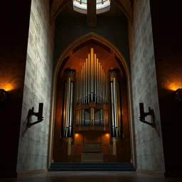 pipe organ in an arch gate golden portal, polygonal wooden walls, close up, by peter mohrbacher dan mumford craig mullins nekro, cgsociety, pixiv, volumetric light, 3 d render