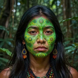 the ayahuasca vine plant spirit mixed with the face of an indigenous woman in the jungle, face painted in green, fractals, beautiful colors, matte painting, by christophe vacher
