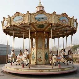 an abandoned secret carousel with elaborately intricate carved wooden figures of animals, pine treehouse, christmas lights, discovered in a secret garden, hedgemaze, photo taken on fujifilm superia film, 3 5 mm