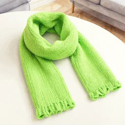 hand - knitted neon green scarf laying on a table in the living room, view from above, watercolor painting