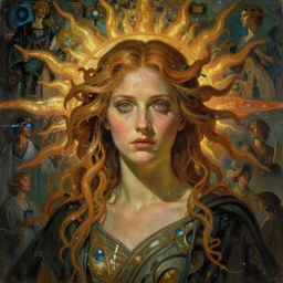 stunning, breathtaking, awe-inspiring award-winning concept art nouveau painting of attractive beautiful Tilda Swinton as the goddess of the sun, with anxious, piercing eyes, by Alphonse Mucha, Michael Whelan, William Adolphe Bouguereau, John Williams Waterhouse, and Donato Giancola, cyberpunk, extremely moody lighting, glowing light and shadow, atmospheric, cinematic, 8K
