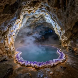 photo inside an amethyst cave with a hotspring, highly detailed, 8k, HDR, award-winning,