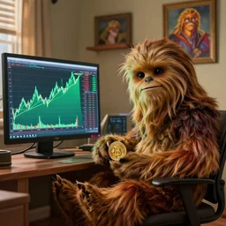 wookiee is comfy at home trading crypto. the charts are at all time highs, gains, green charts, painting by grant wood and frank frazetta, 3 d rendering by beeple, wlop