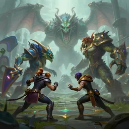 hyperrealism fantasy creatures fight scene with characters from league of legends portrait, digital art, background of sci fi city in fog, 8 k, sharp, trending dop hdr