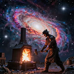 a galaxy exploding, psychedelic colors, a blacksmith swinging his hammer at his forge, realistic reflections, body building blacksmith, stars, psychedelic patterns, fractal