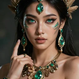 epic masterpiece portrait of a   beauty,  tribal makeup and jewelry, sweaty skin, hyperrealistic, octane render, cinematic, beautiful face and flawless skin, perfect hands, emeralds by Edgar Maxence and Ross Tran and Michael Whelan, Legends of Runeterra