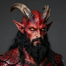 dnd portrait of a tiefling, male, red scales, a big black beard, completely golden eyes, 1 curved horn growing out of his forehead, one broken horn growing out of his forehead,