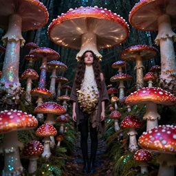 ultra high resolution full body shot of a beautiful dark haired, young woman standing in a colourful glittery maze of amanita muscaria : : low angle shoot, looking up at the camera. her face is partially obscured by mushrooms, and she has a pensive expression. the light is mysterious n - 4