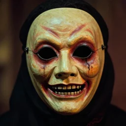 a close up portrait photograph of a strange being wearing a scary vintage halloween mask, creepy, atmospheric, cinematic lighting, epic scene, vibrant color, 1 9 2 0 autchrome color photograph
