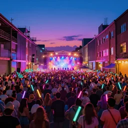 warehouse rave at the docks at twilight glowsticks epic scene, by victo ngai, kilian eng vibrant colours, dynamic lighting, digital art, winning award masterpiece, fantastically beautiful, illustration, aesthetically inspired by beksinski and dan mumford, trending on artstation, art by greg rutkowski, 8 k