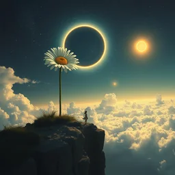 giant white daisy flower under the head, girl standing on cliff, surreal photography, solar eclipse, milky way, dramatic light, impressionist painting, clouds, digital painting, artstation, james gilleard, liam wong, jeremy mann, simon stalenhag