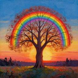 a tree made of rainbow, landscape, sundown, painting