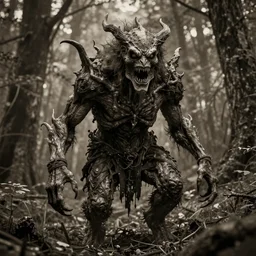 an incredibly scary and very very unique monster creature of evil nature, ancient folk legend in the forest, hyperrealistic concept art, extremely creative, sepia photography