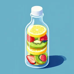 ( ( dither ) ), editorial illustration strawberries blueberries sliced kiwi sliced lemon layered inside a clear drinking bottle, isometric, modern art deco, ( ( mads berg ) ), christopher balaskas, victo ngai, rich grainy texture, detailed, dynamic composition, wide angle, matte print, art nouveau, ( ( dieter rams ) )