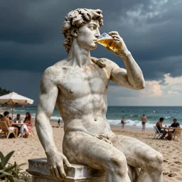 the statue david from michelangelo drinking a beer, sitting on the beach with a party in the background
