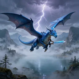 young blue lighting dragon flying, holding person with sword, misty fog, big lake, montains in background, thunder and lightning, dungeons and dragons, highly detailed, digital illustration, greg rutkowski