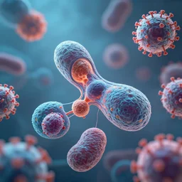a breathtaking view of micro - biology, we see cells splitting and macrophages consuming virus ', beautiful lighting, very high detail, subtle volumetric lighting, sub - surface scattering