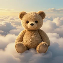 a stoner teddy bear surrounded by puffy clouds by murakami inspired by ghibli, masterpiece, beautiful golden hour