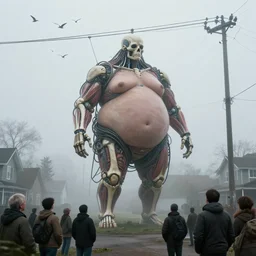a dramatic shot people looking at a giant fat biomechanical cocoon made of bones and cables with cyber muscles and pale skin hanging from the powerlines in a suburb during a foggy day with a flock of birds in the sky, trending on artstation