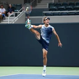 a tennis player with his leg up in the air and a racket in one hand.